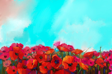 Colorful red poppy flower in the meadows. Oil painting red poppies flowers field with green and blue sky in background. Spring floral nature background
