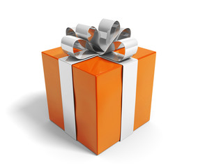 Pretty orange gift box reward wrapped in a shiny silver ribbon