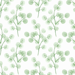 Branches with round leathes. Watercolor background. Seamless pattern 3