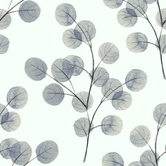 Branches with round leathes. Watercolor background. Seamless pattern 5