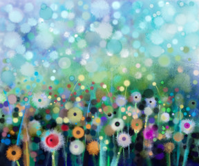 Panele Szklane Podświetlane  Streszczenie kwiatowy malarstwo akwarela. Farba ręczna Żółte i białe kwiaty mniszka lekarskiego w miękkim kolorze na zielono-niebieskim tle. Wiosenny kwiat sezonowy charakter tła
