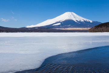 Mountain fuji and Ice lake in winter at Yamanakako lake ,Yamanashi