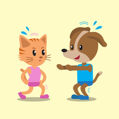 Cartoon a cat and a dog doing exercise