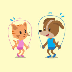 Cartoon a cat and a dog jumping ropes together