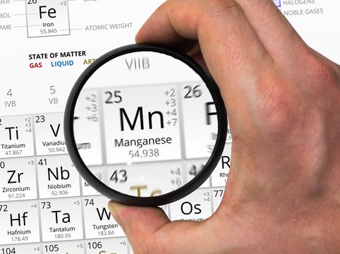 Manganese Symbol - Mn. Element Of The Periodic Table Zoomed With Magnifier