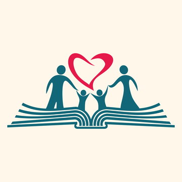 Church logo. Family standing on pages of a Bible and heart icon