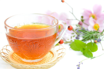 tea with herbs in white background