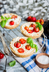 sand tarts with goat cheese and cherry tomatoes, vegetarian food