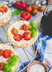 sand tarts with goat cheese and cherry tomatoes, vegetarian food