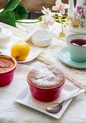 lemon pudding red saucers, tea, english dessert