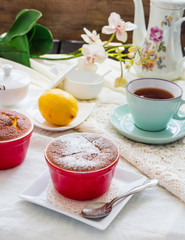 lemon pudding red saucers, tea, english dessert