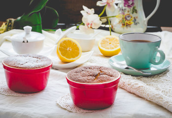 lemon pudding red saucers, tea, english dessert