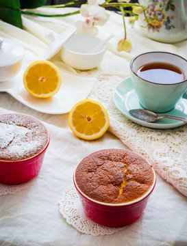 lemon pudding red saucers, tea, english dessert