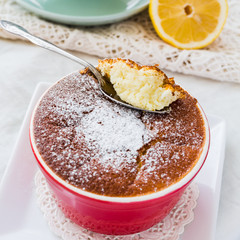 eating lemon pudding with red plates, English Tea Party