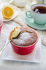 eating lemon pudding with red plates, English Tea Party