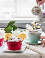 eating lemon pudding with red plates, English Tea Party