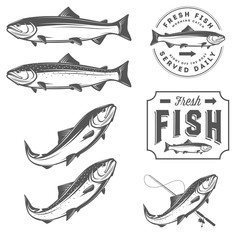 Vintage fresh fish salmon emblems, badges and design elements set