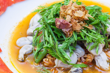 Spicy Oysters Salad with Young Tamarind Leafs