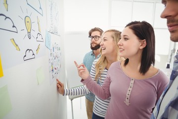 Women pointing at wall with sticky notes and drawings 