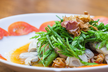 Spicy Oysters Salad with Young Tamarind Leafs