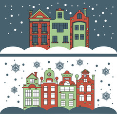 Design of greeting card with  houses in winter.