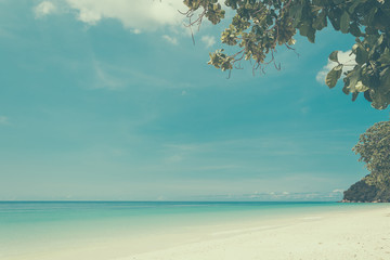 blue sky with beach sea and leaf - soft focus with film filter