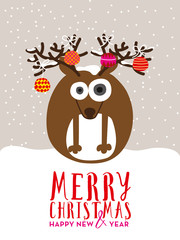 Christmas greeting card with reindeer and christmas balls. Vector design. 