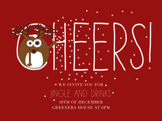 Reindeer in the text cheers with snowflakes. Christmas invitation. Vector design.