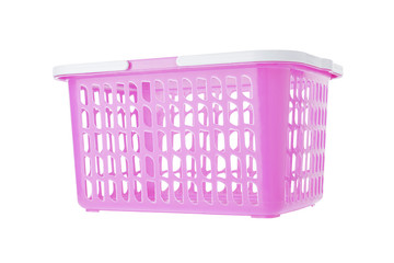 Empty pink plastic shopping basket on white background