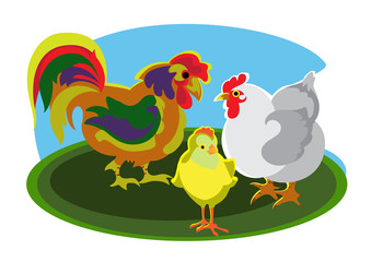 Cock, hen and chick on the meadow