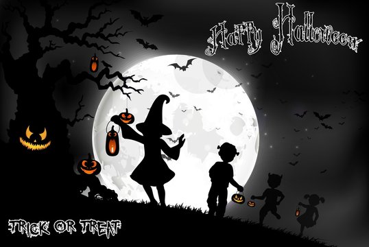 Halloween background on the full moon with a little girls on the full moon