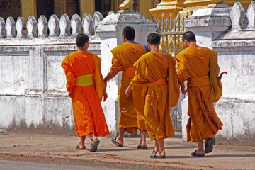 Laos, moines bouddhistes dans les rues de Luang Prabang