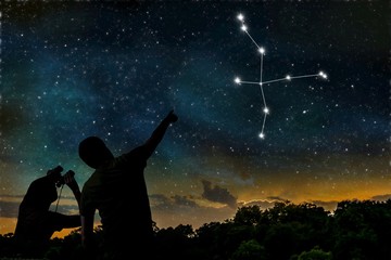 Cygnus or Swan constellation on night sky. Astrology concept. Silhouettes of adult man and child...