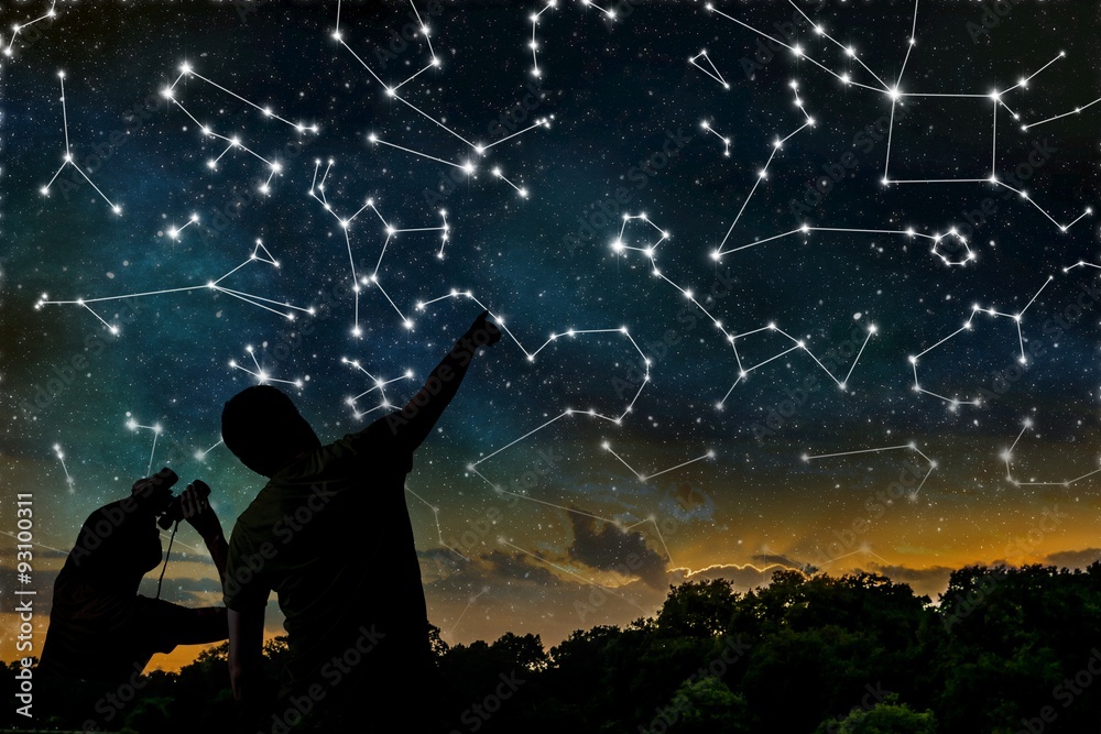 Wall mural astrology concept. constellations on night sky. silhouettes of astrologers observing zodiac constell