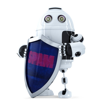 Robot with the shield. Spam protection concept. Isolated. Contains clipping path