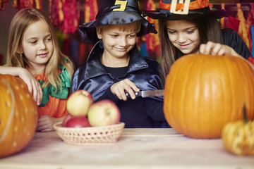 Fototapeta premium Carving a pumpkin is a duty of the boy