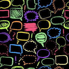 Seamless pattern with set of doodle sketch speech bubbles on blackboard hand-drawn with color chalks. Retro vector illustration.