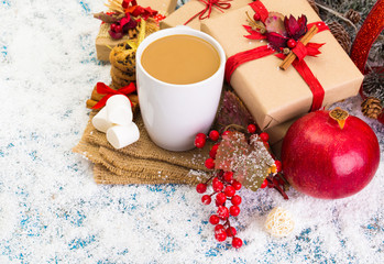 Christmas holiday background with coffee cup