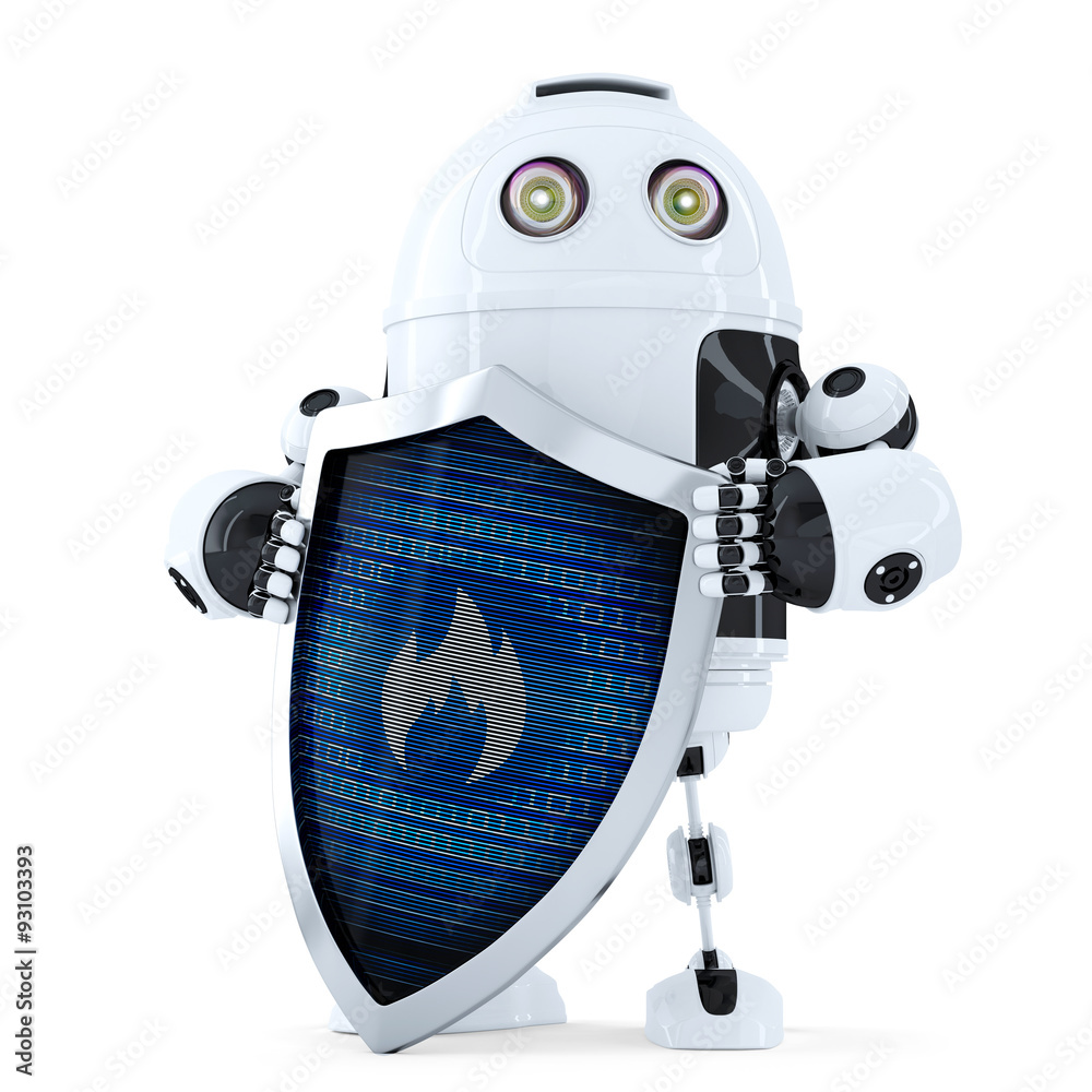Aufkleber robot with shield. firewall protection concept. isolated. contains clipping path
