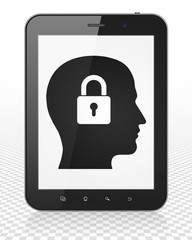 Information concept: Tablet Pc Computer with Head With Padlock