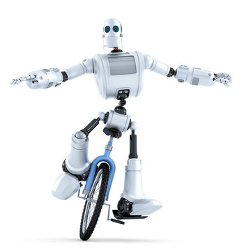 Robot riding unicycle. Technology concept. Isolated. Contains clipping path