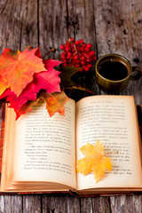 Naklejka na ściany i meble Autumn still life set on wooden table