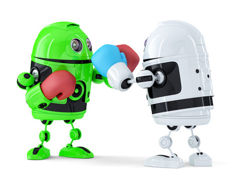 Toy robots fighting. Isolated. Contains clipping path