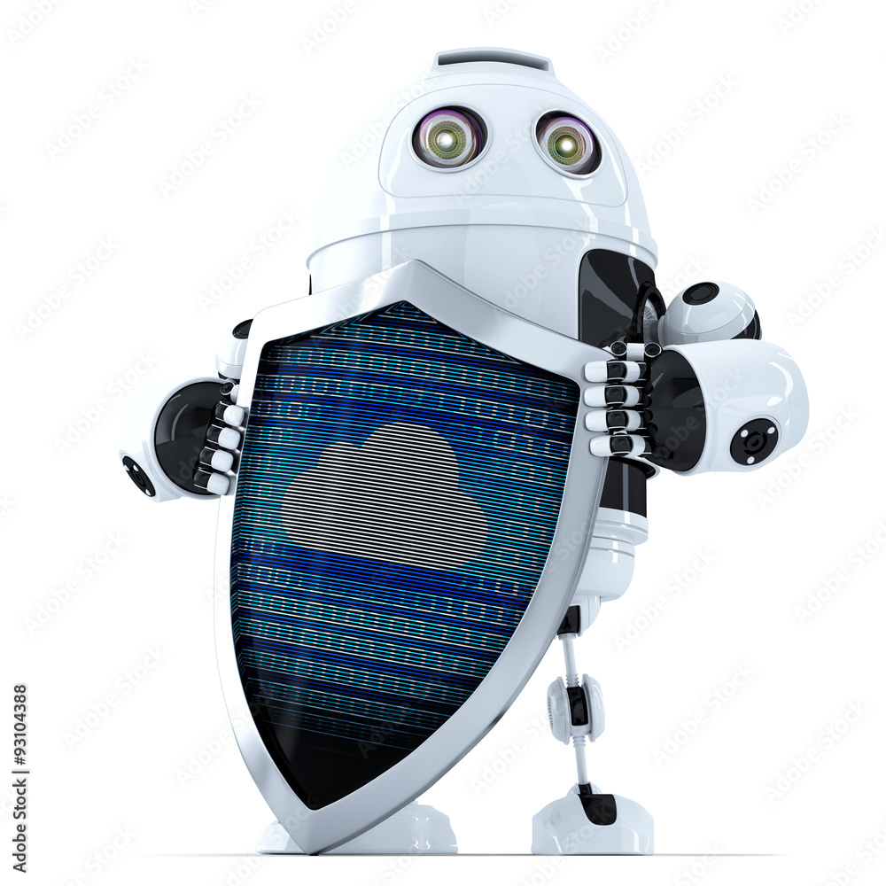 Aufkleber robot with shield. cloud security concept. isolated. contains clipping path