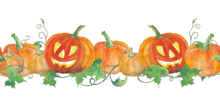 Seamless background with bright halloween pumpkins with green leaves. Original watercolor pattern.