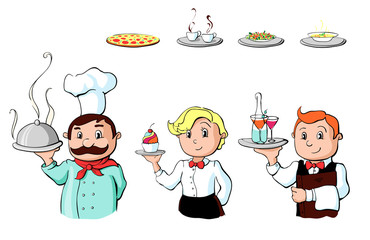 funny chef, waiter and waitress for your design