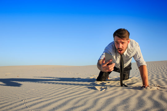 Poor Signal. Businessman Searching For Mobile Phone Signal In