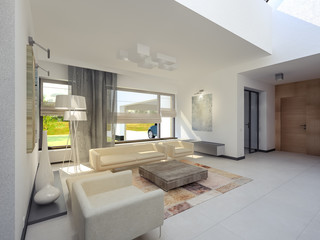 Spacious, bright and white living room with fireplace 3D renderi