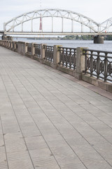 Railway Bridge and Banks of River Daugava, Riga, Latvia