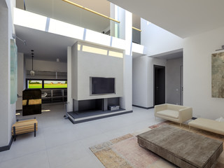 Spacious, bright and white living room with fireplace 3D renderi